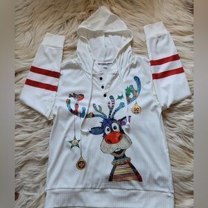 White Hooded Pullover with Colorful Reindeer Graphic